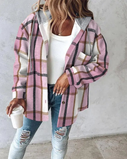 Plaid Print Long Sleeve Button Front Drawstring Hoodie Coat Casual Pocket Design Thermal Lined Shirt Coat pink