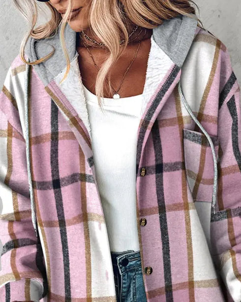 Plaid Print Button Front Pocket Design Drawstring Hoodie Jacket Casual Asymmetrical Hem Thermal Lined Warm Coat pink