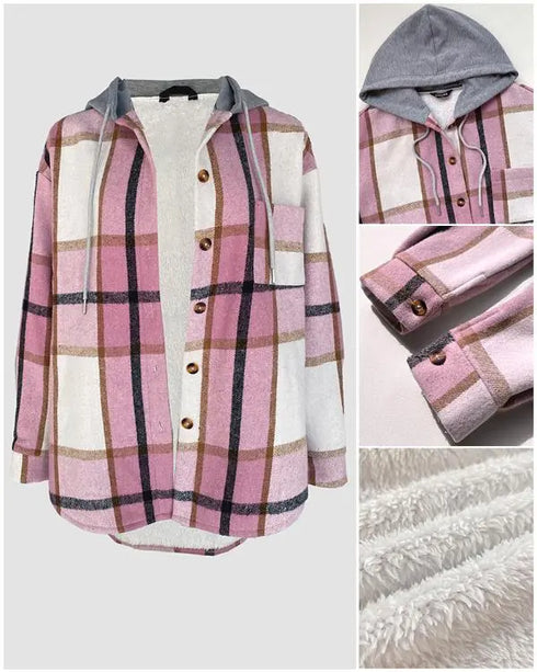 Plaid Print Long Sleeve Button Front Drawstring Hoodie Jacket Casual Pocket Design Thermal Lined Warm Coat pink