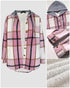 Plaid Print Button Front Pocket Design Drawstring Hoodie Jacket Casual Asymmetrical Hem Thermal Lined Warm Coat pink