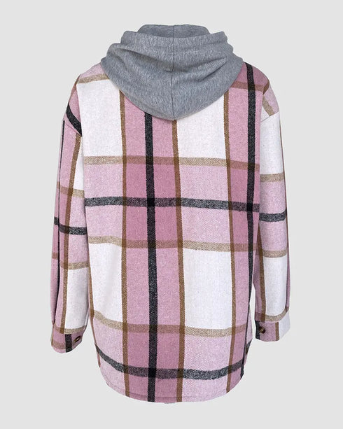 Plaid Print Long Sleeve Button Front Drawstring Hoodie Coat Casual Pocket Design Thermal Lined Shirt Coat pink