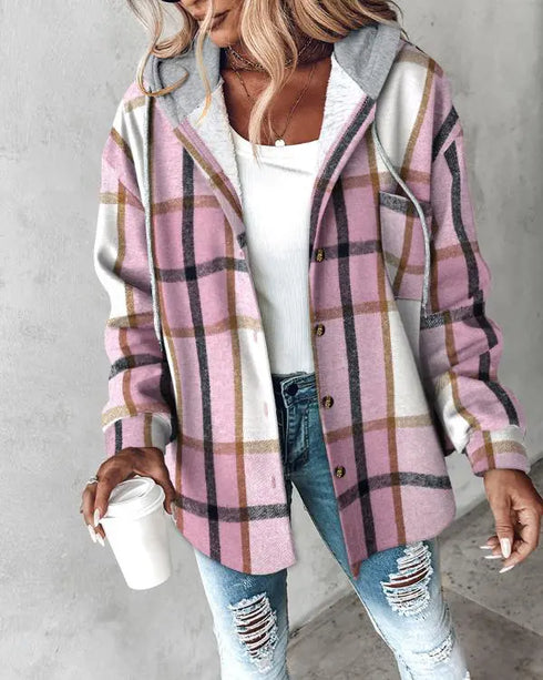 Plaid Print Button Front Pocket Design Drawstring Hoodie Jacket Casual Asymmetrical Hem Thermal Lined Warm Coat pink