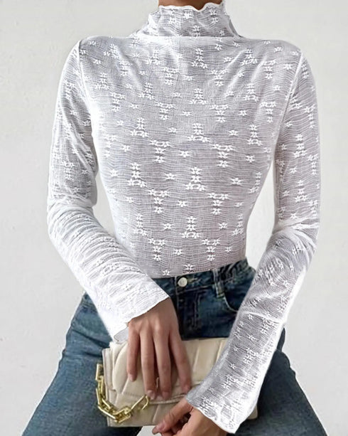 Lace Frill Hem Mock Neck Long Sleeve T-Shirt Sexy Floral Sheer Mesh Hollow Out Top white