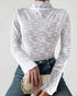 Lace Frill Hem Mock Neck Long Sleeve T-Shirt Sexy Floral Sheer Mesh Hollow Out Top white