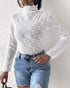 Lace Frill Hem Mock Neck Long Sleeve T-Shirt Sexy Floral Sheer Mesh Hollow Out Top white