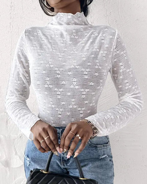 Lace Frill Hem Mock Neck Long Sleeve T-Shirt Sexy Floral Sheer Mesh Hollow Out Top white