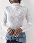 Lace Frill Hem Mock Neck Long Sleeve T-Shirt Sexy Floral Sheer Mesh Hollow Out Top white