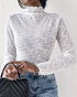 Lace Frill Hem Mock Neck Long Sleeve T-Shirt Sexy Floral Sheer Mesh Hollow Out Top white