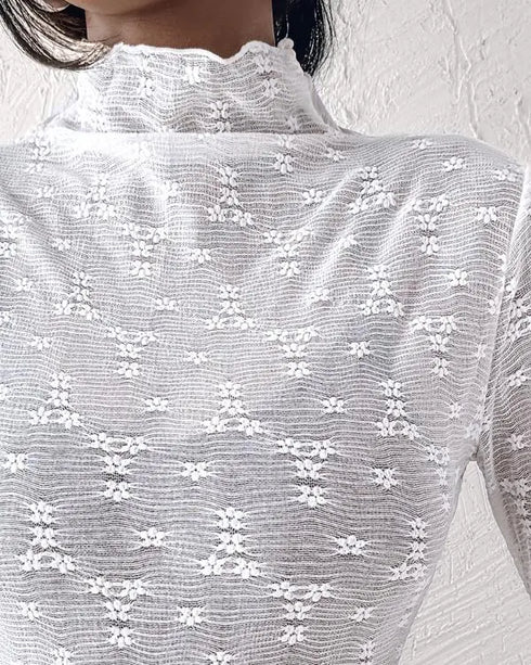 Lace Frill Hem Mock Neck Long Sleeve T-Shirt Sexy Floral Sheer Mesh Hollow Out Top white