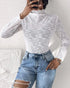 Lace Frill Hem Mock Neck Long Sleeve T-Shirt Sexy Floral Sheer Mesh Hollow Out Top white