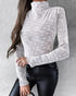Lace Frill Hem Mock Neck Long Sleeve T-Shirt Sexy Floral Sheer Mesh Hollow Out Top white