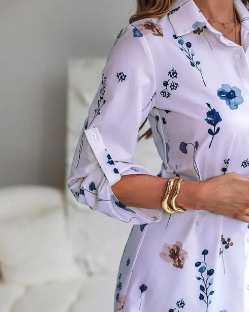 Floral Print Turn-down Collar Turn-Up Sleeves Shirred Back Dress Casual Button Down Cinched Waist Curved Hem Shirt Dress light purple