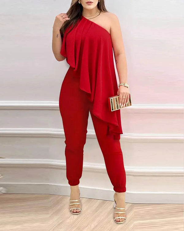 One Shoulder Asymmetrical Ruffles Jumpsuit red