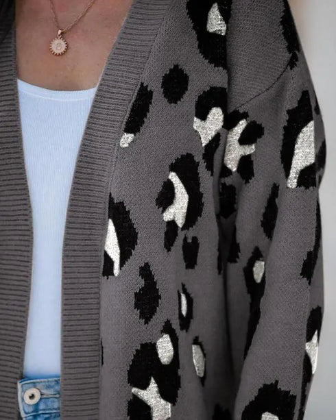 Leopard Pattern Longline Knit Cardigan Open Front Sweater gray
