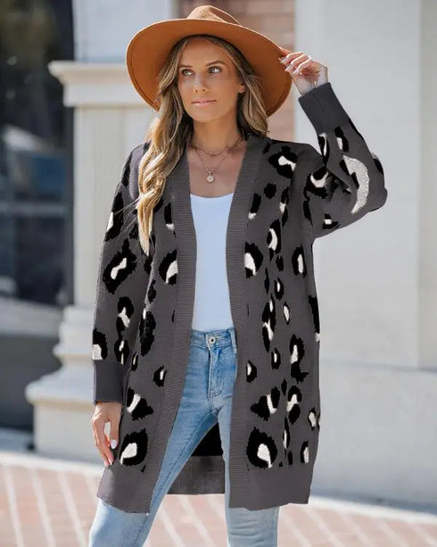 Leopard Pattern Longline Knit Cardigan Open Front Sweater gray