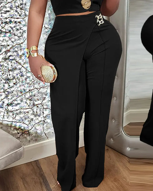 2 Pieces Outfit Sleeveless Notched Collar Single Button Front Crop Vest and Casual Metal Decor Wrap Front High Waist Wide Leg Faux Two Piece Pants Set black