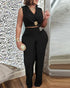 2 Pieces Outfit Sleeveless Notched Collar Single Button Front Crop Vest and Casual Metal Decor Wrap Front High Waist Wide Leg Faux Two Piece Pants Set black