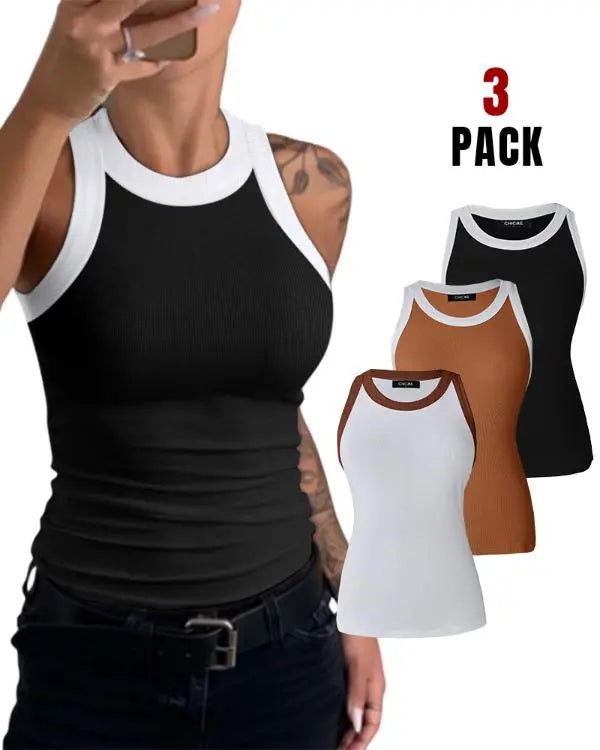 3-Pack Contrast Binding Basic Slim Knit Ribbed Racerback Tank Top style6