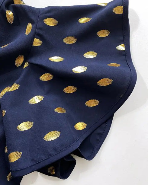 Round Neck Ruffles Short Sleeve Blouse Casual Bronzing Polka Dot Top purplish blue