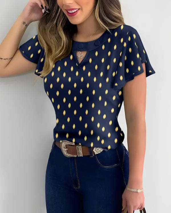 Round Neck Ruffles Short Sleeve Blouse Casual Bronzing Polka Dot Top purplish blue
