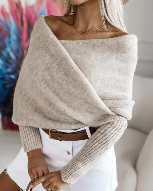 Wrap Off Shoulder Cropped Sweaters Long Sleeve Cross Front Solid Knitted Pullover Tops Apricot
