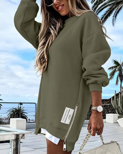 Letter Patch Detail Long Sleeve Drop Shoulder Pullover Sweatshirt Casual Zipper Side Slit Top Army green