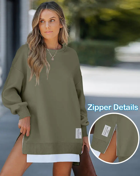 Long Sleeve Pocket Design Pullover Sweatshirt Casual Faux Two Piece Longline Drawstring Hooded Top Army green