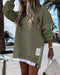 Letter Patch Detail Long Sleeve Drop Shoulder Pullover Sweatshirt Casual Zipper Side Slit Top Army green