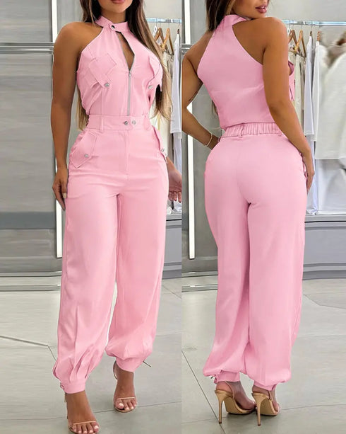 2 Pieces Outfits Sleeveless High Neck Cargo Pockets Design Top and Casual Cuffed Long Pants Set pink