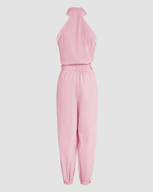 2 Pieces Outfits Sleeveless High Neck Cargo Pockets Design Top and Casual Cuffed Long Pants Set pink