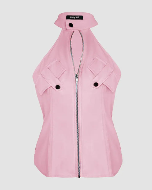 2 Pieces Outfits Sleeveless High Neck Cargo Pockets Design Top and Casual Cuffed Long Pants Set pink