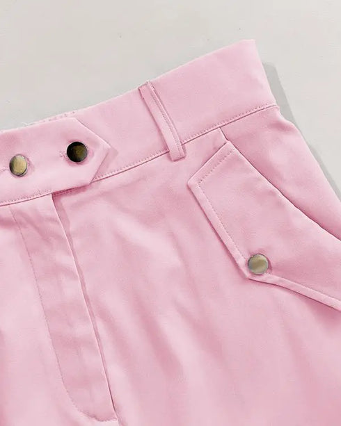 2 Pieces Outfits Sleeveless High Neck Cargo Pockets Design Top and Casual Cuffed Long Pants Set pink