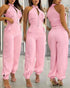 2 Pieces Outfits Sleeveless High Neck Cargo Pockets Design Top and Casual Cuffed Long Pants Set pink