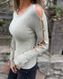 Round Neck Long Sleeve Hollow Out Button Decor Ribbed Top and Casual Slim Fit Slit Shirt gray