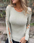 Round Neck Long Sleeve Hollow Out Button Decor Ribbed Top and Casual Slim Fit Slit Shirt gray
