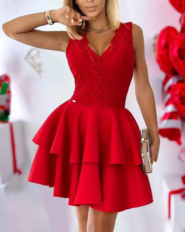 Contrast Lace V-Neck Sleeveless Mini Dress Elegant A Line Waist Layered Dress For Party Evening red
