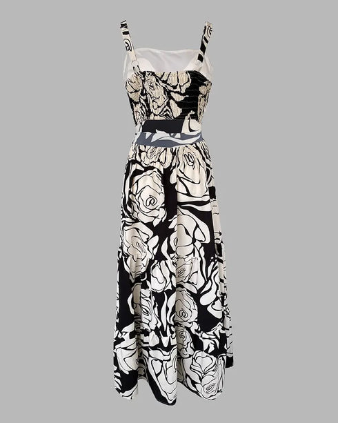 Floral Print Adjustable Straps Cutout Waist Shirred Backless Maxi Dress Casual Elastic Back Waist Ruffle Hem Vacation Dress black