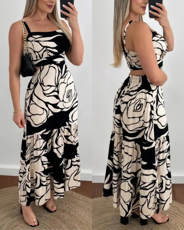 Floral Print Adjustable Straps Cutout Waist Shirred Backless Maxi Dress Casual Elastic Back Waist Ruffle Hem Vacation Dress black