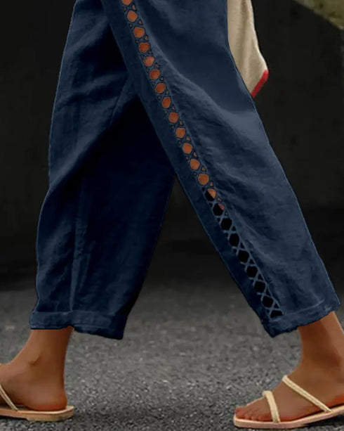 Hollow Out Lace Patch Pocket Design Casual Pants purplish blue