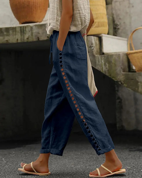 Hollow Out Lace Patch Pocket Design Casual Pants purplish blue