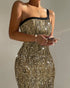 Glitter Lurex One Shoulder Spaghetti Strap Slim Fit Bodycon Allover Sequin Midi Evening Dress gold