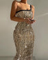 Glitter Lurex One Shoulder Spaghetti Strap Slim Fit Bodycon Allover Sequin Midi Evening Dress gold