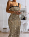 Glitter Lurex One Shoulder Spaghetti Strap Slim Fit Bodycon Allover Sequin Midi Evening Dress gold