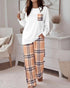2 Pieces Outfit Cherry Print Round Neck Drop Shoulder Top and Elastic Waist Pants Set Casual Ribbed Flannel Pajamas Set khaki