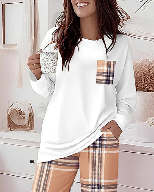 2 Pieces Outfit Floral Print Long Sleeve Drop Shoulder Top and Elastic Waist Pants Sets Casual Pajamas Set khaki