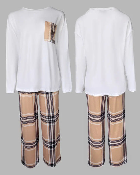 2 Pieces Outfit Christmas Cute Cartoon Reindeer Placement Print Long Sleeve Top and Elastic Waist Pants Set Causal Snowflake Print Pajamas Set khaki