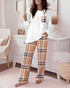 2 Pieces Outfit Plaid Print Pocket Design Long Sleeve Drop Shoulder Top and Plaid Print Elastic Waist Wide Leg Pants Set Casual Pajamas Set khaki
