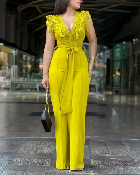 V Neck Scallop Trim Sleeve Lace Patchwork Bow Tie Waist Jumpsuit Casual Seam Front Zipper Back Wide Leg Jumpsuit yellow
