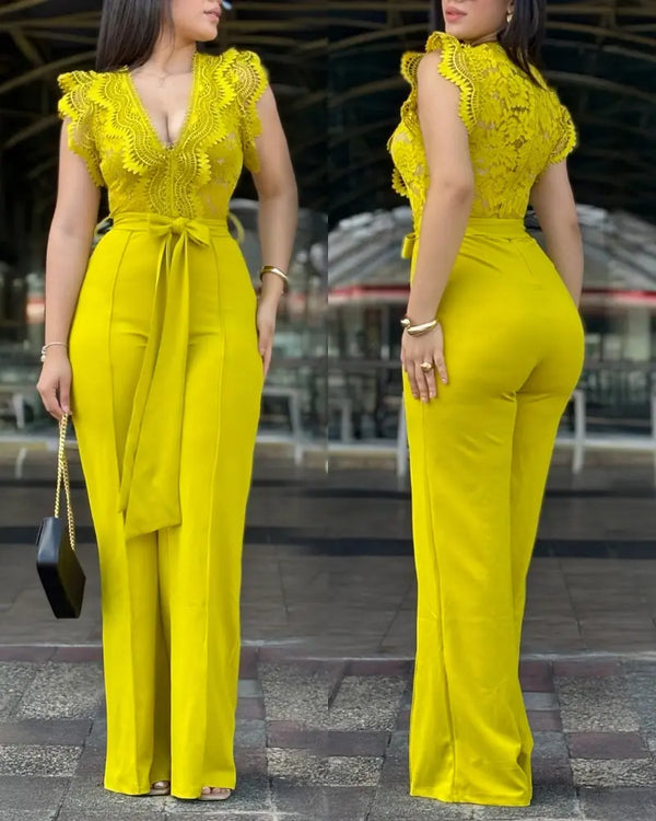 V Neck Scallop Trim Sleeve Lace Patchwork Bow Tie Waist Jumpsuit Casual Seam Front Zipper Back Wide Leg Jumpsuit yellow