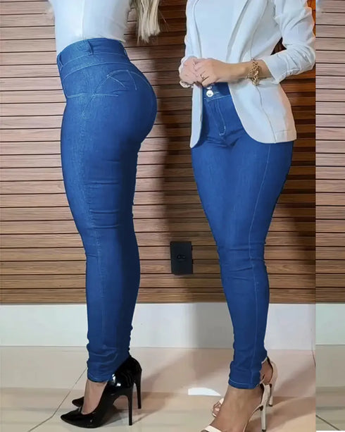 Front Button Zipper Fly High Waist Butt Lifting Skinny Denim Jeans Casual Pants Lighted Blue